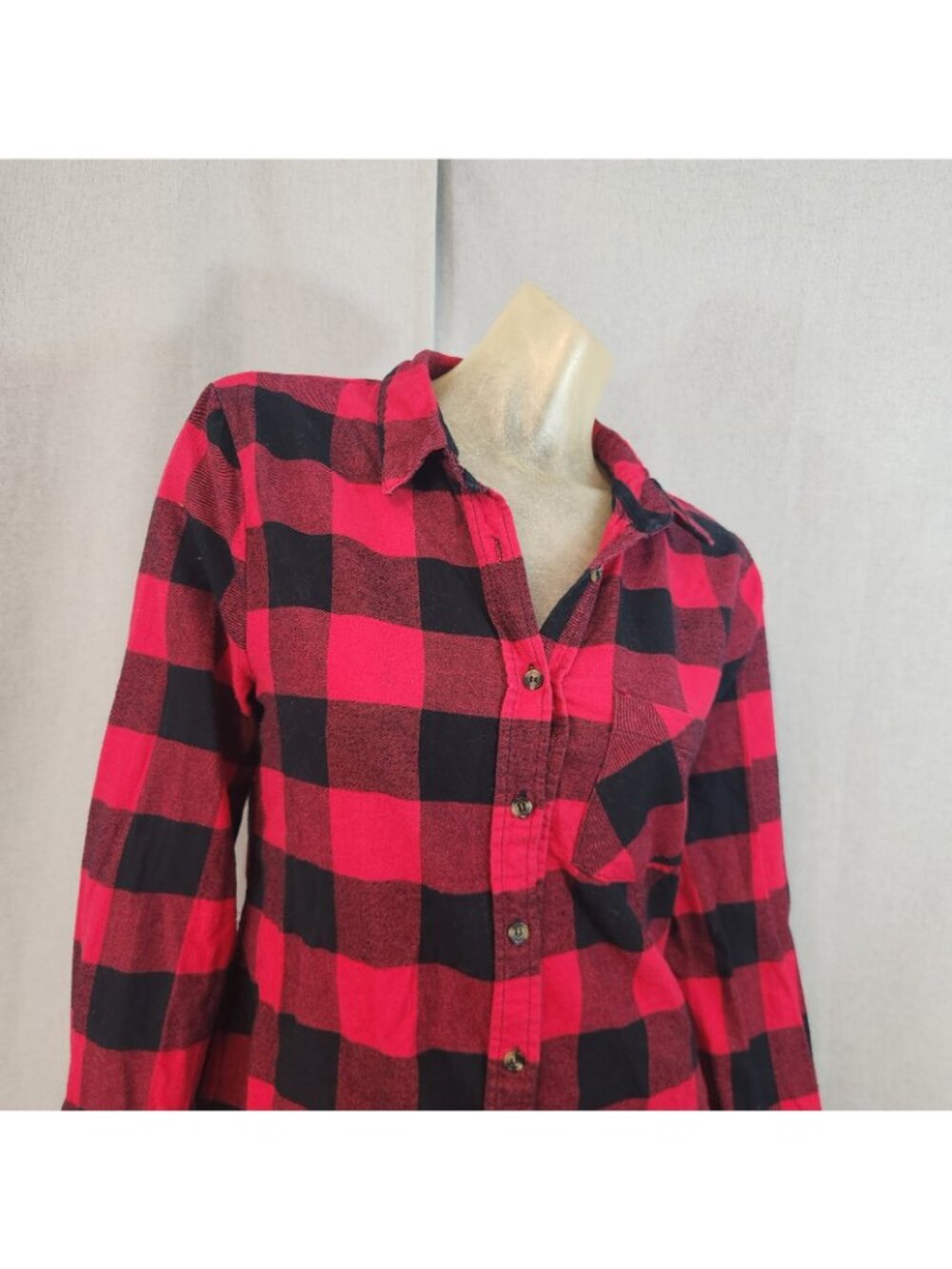 Socialite Red Black Buffalo Plaid Flannel Button Front Top Shirt Blouse LARGE - Picture 2 of 6